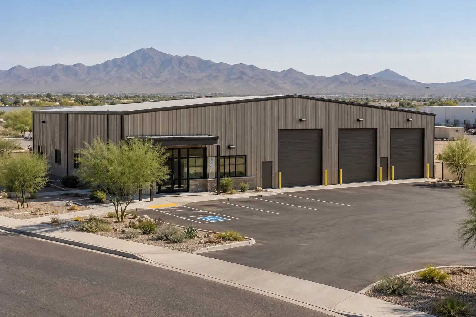 Commercial steel service center with office windows and parking concept