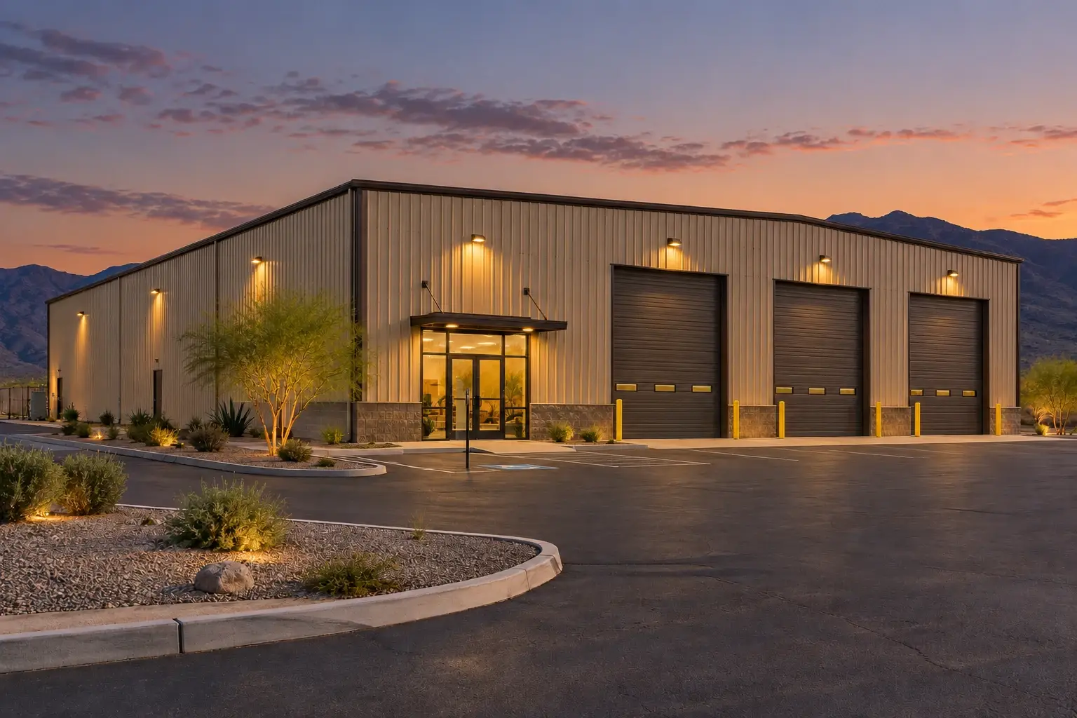 Commercial metal building concept showing completion at dusk