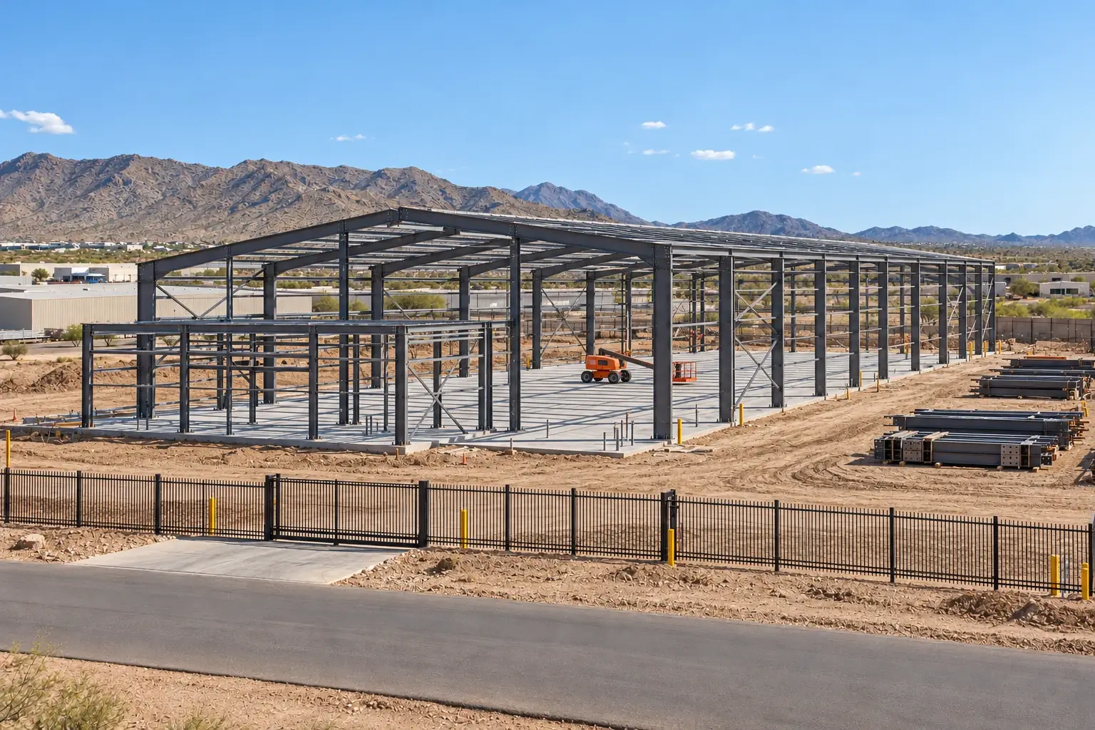 Industrial metal building concept showing steel framing