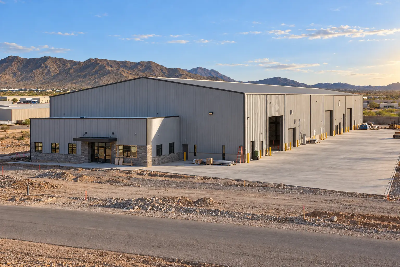 Industrial metal building concept showing exterior finishing
