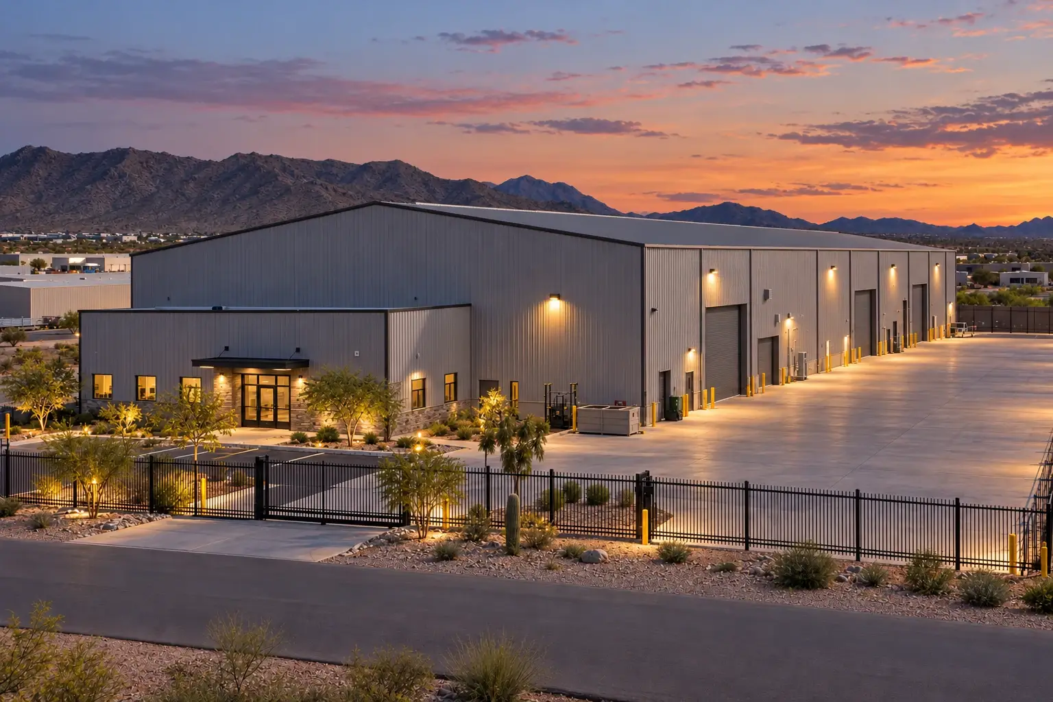 Industrial metal building concept showing completion at dusk