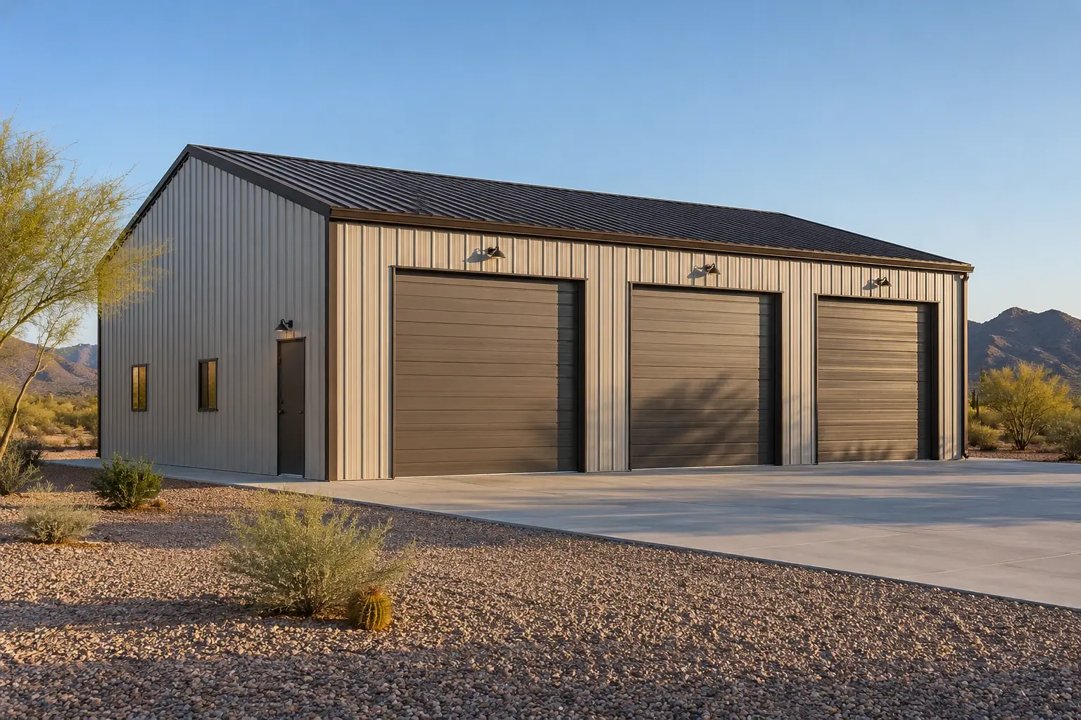 Three bay metal workshop with gray siding and bronze doors concept