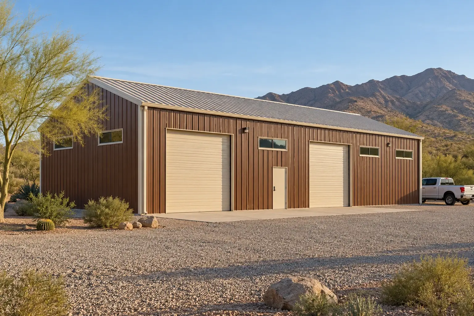 Brown metal workshop with cream doors and high windows concept