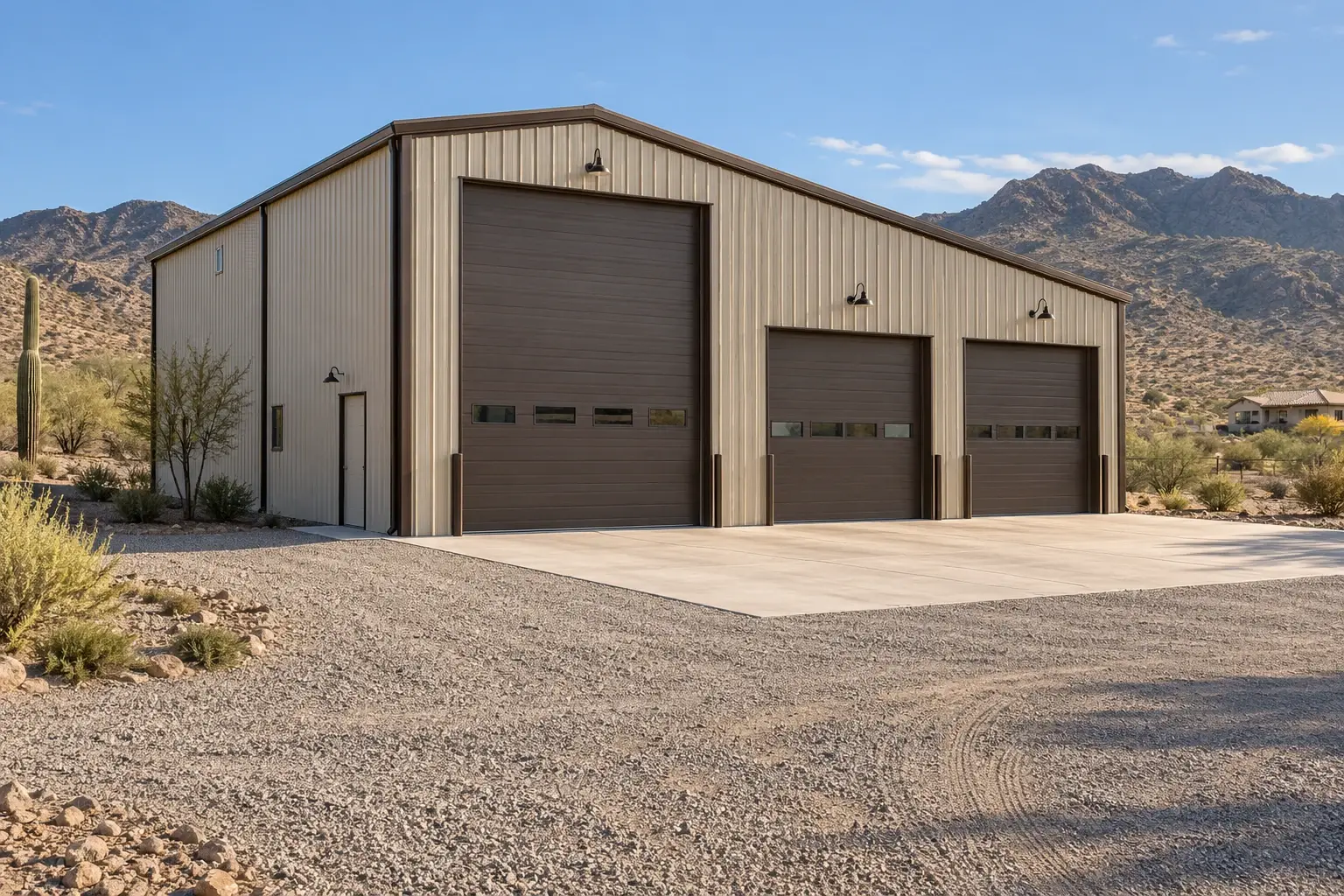 Large residential metal workshop with an RV bay concept