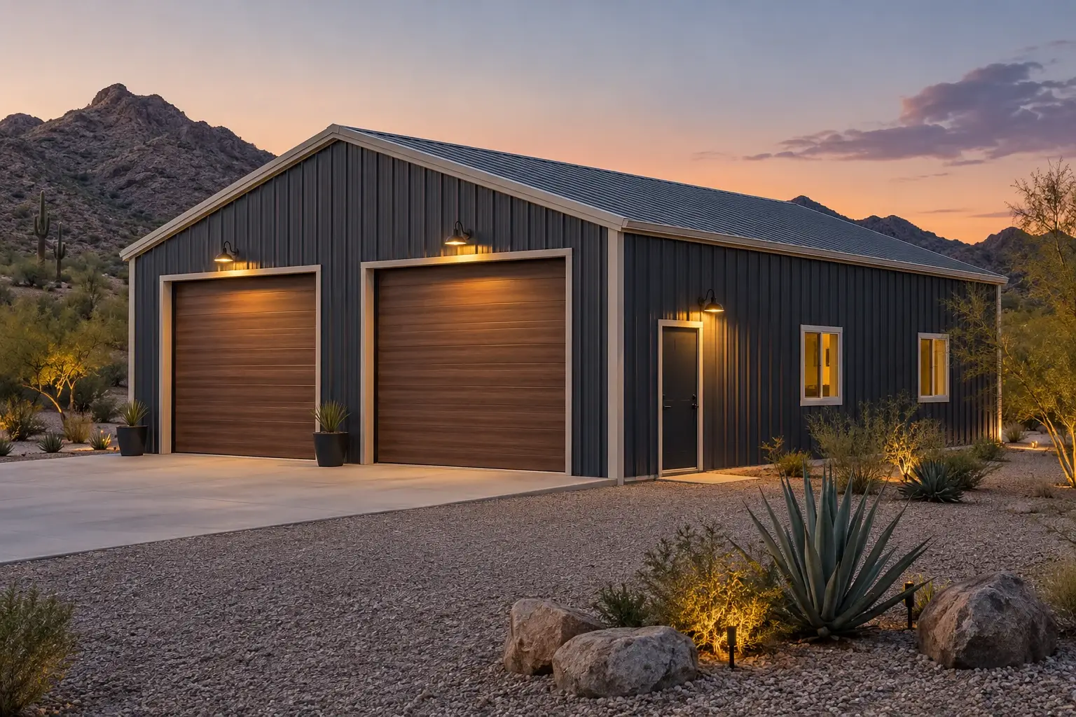 Slate gray metal workshop with wood tone doors at dusk concept