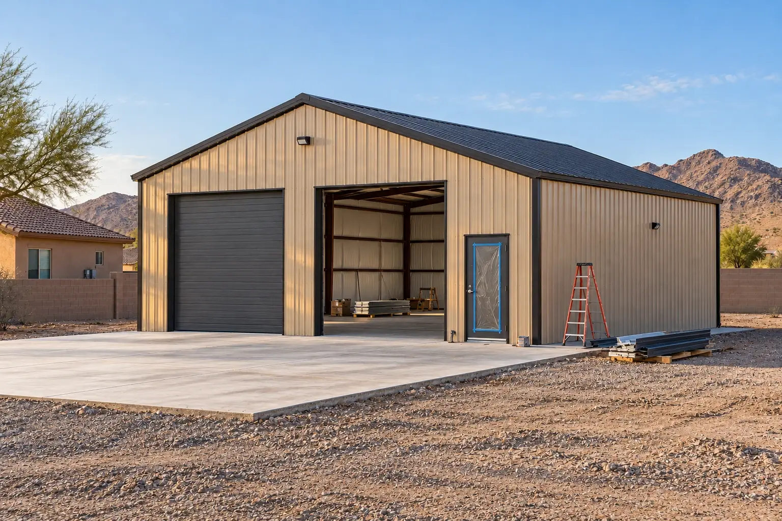 Residential metal building concept showing exterior finishing