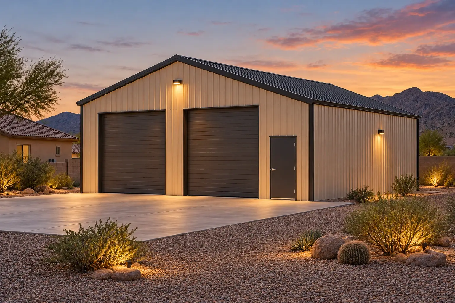 Residential metal building concept showing completion at dusk